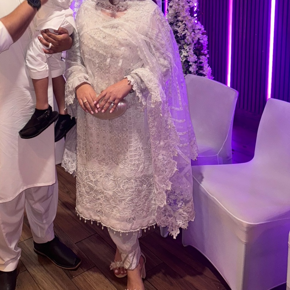 Elegant White Pakistani Embroidered Outfit